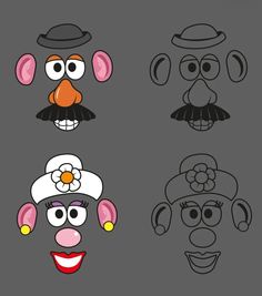 four cartoon faces with different facial expressions and nose shapes, all in black and white