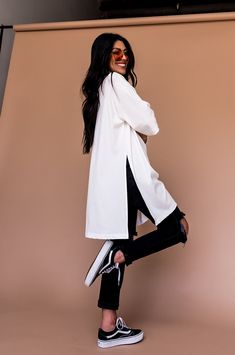 LALA ORIGINAL DESIGN: Lala Icon Mock Neck Top in White – Dressed In LALA Oversized Long Sleeve Tunic For Day Out, Chic Oversized Tunic For Loungewear, Oversized Tunic For Layering, White Long Sleeve Tunic For Loungewear, White Oversized Long Sleeve Tunic, Oversized Tunic With Shirttail Hem, Satin Playsuit, Dressed In Lala, Grunge Jacket