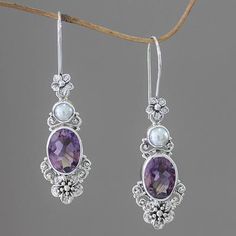 Cultured pearl and amethyst dangle earrings, 'Queen of Flowers' - Women's Floral Pearl and Amethyst Silver Earrings Pearl And Amethyst, Pearl Amethyst, Purple Things, Amethyst Necklace Pendant, Silver Bling, Pretty Purple, Sterling Silver Dangle Earrings, Pearl Set, Shiny Things