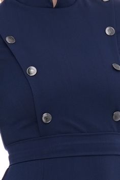 "A pencil dress featuring a stand collar, button front decor, and a concealed back zipper closure. - high neck collar - fitted sheath silhouette - knee length (midi) - 3/4 sleeves with cuffs - concealed back zipper closure - metal button front decor Fiber - 60% viscose, 35% polyester, 5% elastane; Color: dark blue For size S: length- 40,16\" (102 cm), sleeve length 17\" (43 cm) Our model wears size S (06) and is 178cm/5'8\" tall You may feel free choosing the size. Just send us your measurements Fitted Bodycon Dress With Buttons For Work, Knee-length Business Dress With Buttons, Fitted Midi Dress With Button Closure For Work, Elegant Fitted Mini Dress With Stand Collar, Elegant Buttoned Bodycon Dress For Work, Fitted Midi Dress With Covered Buttons For Work, Elegant Bodycon Dress With Buttons For Work, Elegant Bodycon Dress With Button Closure For Work, Fitted Button Back Midi Dress For Work