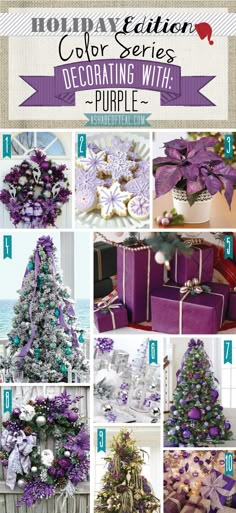 a purple christmas tree with presents in it and the words, color series decorating with purple