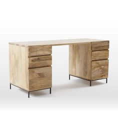 an office desk made out of wood with metal legs and two drawers on each side