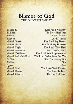 the names of god on an old parchment paper with words above them that read names of god