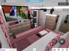 a virtual view of a bedroom with pink bedding and accessories on the floor, in front of a tv