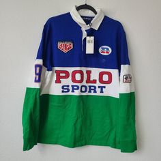 Polo Sport Ralph Lauren 67 Racing Series Long Sleeve Polo Shirt Size L Blue Green White Condition: New With Tags. Navy Polo Collar Top For Sports, Green Sporty Polo Collar Top, Blue Collared Sporty Tops, Multicolor Long Sleeve Cotton Polo Shirt, Casual Long Sleeve Sports Polo Shirt, Sporty Green Collared Tops, Sporty Collared Green Tops, Green Collared Sporty Tops, Nike Collared Tops For Spring