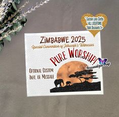 an event poster with elephants and trees in the background, surrounded by flowers on a table