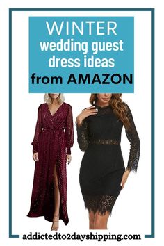 two dresses with the words winter wedding guest dress ideas from amazon