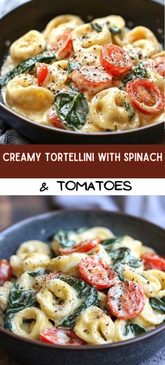 creamy tortellini with spinach and tomatoes in a skillet