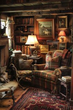 a living room filled with furniture and bookshelves next to a fire hydrant