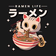 a sticker with an image of a cat eating ramen in it's bowl