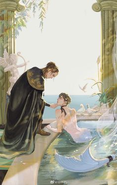 a man and woman are sitting on the edge of a body of water with swans surrounding them