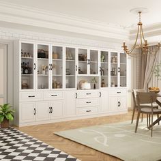 a dining room with white cabinets and black and white checkered rugs on the floor