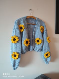 Blue Sunflower Cardigan, Trendy Women Clothes, Floral Crop Sweater, Oversize Women Clothes, Embroidery Jumper for Her, Sale Handmade Gifts - Etsy Handmade Yellow Sweater For Fall, Casual Handmade Spring Sweater, Casual Handmade Sweater For Spring, Handmade Cotton Sweater For Spring, Spring Yellow Hand Knitted Sweater, Hand Knitted Yellow Sweater For Spring, Sunflower Cardigan, Embroidery Jumper, Sunflower Sweater