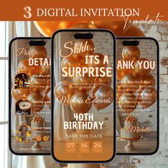 three cell phones with gold balloons on them and the text,'birthday surprise package '