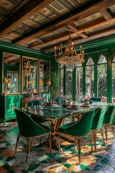 a dining room with green walls and flooring