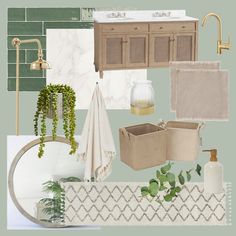 the bathroom is decorated in shades of green, beige and white with gold accessories on it