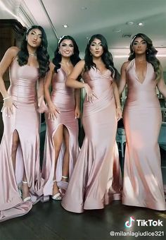 four beautiful women in pink dresses posing for a photo with one woman wearing high heels