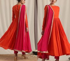 The orange, cotton-blended, crinkled Flared Kurta with lining  comes pink churidar Pants with lining and an elastic waist.  Paired with a pink chiffon Dupatta with gotta lace border makes it the  perfect contemporary yet traditional outfit for a bit of cultural  look its fully customized so any changes can be done size length look colour etc  can all be changed Orange Pink Combination Dress, Pleated Dress Indian, Pink Churidar, Indian Maxi Dress, Indian Maxi, Suit Kurti, White Long Gown, Orange Color Combinations, Anarkali Designs