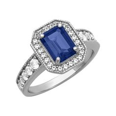 Stand out in a crowd with this 2 1/2ct tgw Created Blue Sapphire and Created White Sapphire "Neptune Gem" Engagement Ring by Keepsake. This stunning engagement ring features an emerald-cut created blue sapphire gemstones (8x6mm) in the center, surrounded by sparkling created white sapphires forming a halo and resting on the band. This Keepsake gemstone bridal ring is crafted in sterling silver and comes packed in a gift box. This beautiful and shimmering ring makes a beautiful wedding and engagement gift. Size: 8.  Gender: female.  Age Group: adult. Gem Engagement Ring, Gem Engagement Rings, Stunning Engagement Ring, Bridal Ring, Sapphire Gemstone, White Sapphire, 2 Carat, Womens Engagement Rings, Bridal Rings