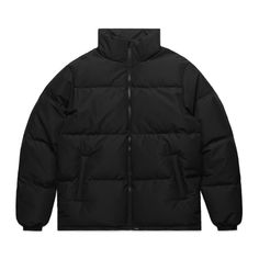 The Men's Puffer Jacket, a relaxed-fit essential crafted from heavy weight 100% recycled polyester with an 80% down 20% feather fill. Features include a stand collar, YKK zip, and water-resistant construction. Perfect for warmth and sustainability, with 630 Fill Power RDS certified down. Solid Nylon Puffer Jacket For Streetwear, Solid Color Windproof Puffer Jacket For Streetwear, Solid Windproof Puffer Jacket For Streetwear, Functional Puffer Outerwear In Solid Color, Functional Solid Puffer Outerwear, Solid Puffer Windbreaker For Streetwear, Solid Color Windproof Down Puffer Jacket, Solid Windproof Down Puffer Jacket, Streetwear Puffer Windbreaker