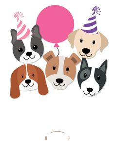 four dogs with party hats and balloons on their heads, one has a pink balloon