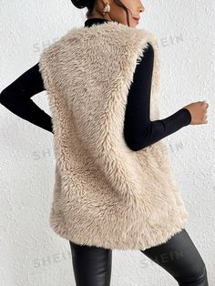 SHEIN USA Chic Sleeveless Tank Top For Winter, Fall Sleeveless Tank Top, Beige Sleeveless Tank Top For Fall, Chic Sleeveless Vest For Fall, Sleeveless Denim Vest For Fall, Beige Sleeveless Sweater Vest For Winter, Chic Sleeveless Winter Vest, Chic Beige Sweater Vest, Sleeveless Faux Fur Vest For Fall