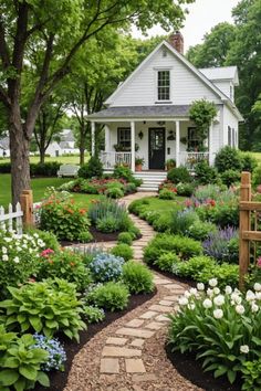 a white house surrounded by lush green trees and flowers in front of it is a garden path that leads to the front door