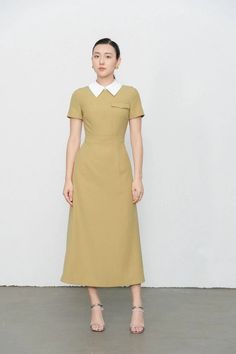 Rylee A-line Short Sleeved Wool Midi Dress | MEAN BLVD Classic Beige Midi Dress For Office, Chic Collared Short Sleeve Dress For Work, Beige Semi-formal Midi Dress, Yellow Short Sleeve Dress For Formal Events, Yellow Short Sleeve Formal Dress, Casual Midi Length Short Sleeve Dress For Work, Casual Short Sleeve Midi Dress For Work, Casual Short Sleeve Dresses For Business Casual, Elegant Yellow Short Sleeve Midi Dress