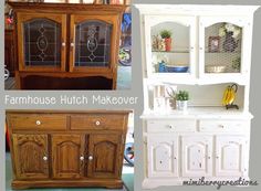 three different pictures of furniture with the words farmhouse hutch makeover