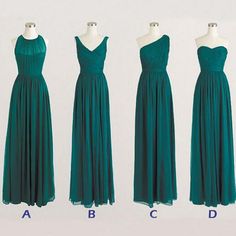 four different types of dresses on mannequins, one in blue and the other in