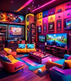 a brightly lit living room with couches and televisions