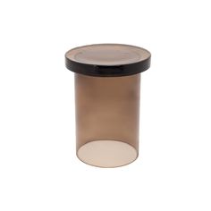 a clear container with a black lid on a white background