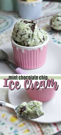 an ice cream in a pink cup with chocolate chips on top and the words mint chocolate chip ice cream above it