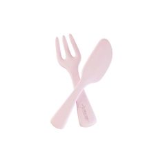 two pink forks and spoons on a white background