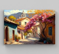 an oil painting of a street with buildings and flowers on the trees in front of it