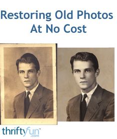 an old photo of two men in suits with the caption restoring old photos at no cost