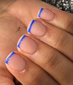 Pink And Blue French Tip Nails Short, Short Nails For Cheer, Short Royal Blue French Tip Nails, Short Blue Tip Nails, Really Short Square Acrylic Nails, Really Short Nails Ideas Gel, Short Nails For Vacation, Really Really Short Nails, Extra Short Square Acrylic Nails