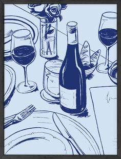 a blue and white drawing of a table setting with wine glasses, plates and utensils