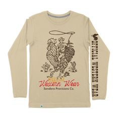 Ever seen a cowboy ridin’ a giant chicken? No? Neither have we, but we dreamt it up and it looks “official” Western if you ask us. Space Hat, Giant Chicken, Sandhill Crane, Midnight Rider, Tall Tales, Crop Tee, Western Wear, Shirt Shop, Long Sleeve T Shirt