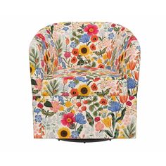 an upholstered chair with colorful flowers on it