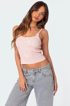 Emilia Ribbed Bow Tank Top – edikted Ribbed Camisole Tops For Spring, Spring Ribbed Camisole Top, Fitted Ribbed Cami Top, Ribbed Cotton Camisole For Spring, Pink Ribbed Cami Top, Seamless Spring Cami Knit Top, Knit Camisole Tops For Spring, Spring Knit Camisole Tops, Ribbed Cotton Crop Top For Spring