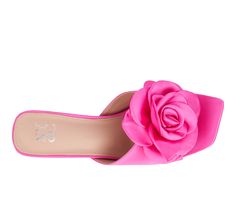 Beautifully in bloom: Floral accents adorn satin uppers on our Gardenia slide sandal. With a sophisticated stiletto design, it complements special- occasion styles perfectly, Satin upper, Slip on for easy entry,4\ flared stiletto heel, Open square toe, Faux Leather lined footbed, Rubber outsole, Dramatic satin rose embellishment | Women's New York and Company Gardenia Dress Sandals in Vivid Berry Size 6.5 Summer Satin Sandals With Pointed Toe, Satin Sandals For Summer Events, Spring Event Sandals In Synthetic Material, Spring Event Synthetic Sandals, Summer Satin Heels For Events, Spring Event Synthetic Heels, Feminine Summer Sandals For Events, Feminine Sandals For Summer Events, Spring Feminine Heels For Events