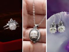 Introducing the exquisite Pearl Skull Jewelry Gift Set, a perfect blend of elegance and edge, designed for those who appreciate both vintage charm and gothic allure. This unique set includes a custom engraved pearl skull locket pendant necklace, dangle pearl skull earrings with crowns, and a stunning pearl skull ring adorned with a crystal crown. Each piece is meticulously crafted to offer a timeless appeal that resonates with both vintage aficionados and goth enthusiasts. The centerpiece of thi Pearl Skull, Couple Ring Design, Ring Pearl, Locket Pendant Necklace, Goth Jewelry, Crown Ring, Crystal Crown, Skull Jewelry, Skull Earrings