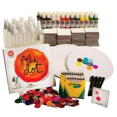 an assortment of art supplies including markers, pens, and paper plates with the words dot on them