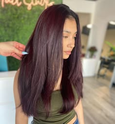 Red Hair Color On Black Hair, Dark Red On Black Hair, Red Over Black Hair, Maroon Hair Burgundy Wine, Really Dark Red Hair, One Tone Hair Color, Very Dark Red Hair, Deep Red Brown Hair Color, Dark Red Hair Color Burgundy