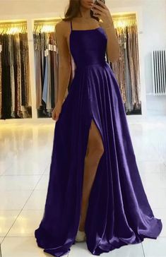 Spaghetti-Straps Prom Dress With Slit PD0178 Purple Dress Formal, Prom Dresses Flowy, Flower Girl Dresses Mermaid, Cheap Evening Gowns, Fall Acrylic, Dream Prom Dress, Wedding Dress Sequin, Classy Prom Dresses