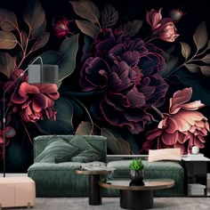 a living room with floral wallpaper and furniture