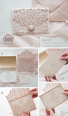 pink and gold wedding stationery with white envelopes