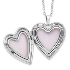 two heart shaped lockes with pink glass in the center on a silver plated chain