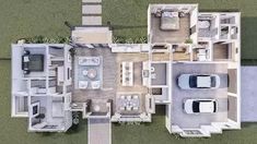 an aerial view of a three bedroom, two bath house